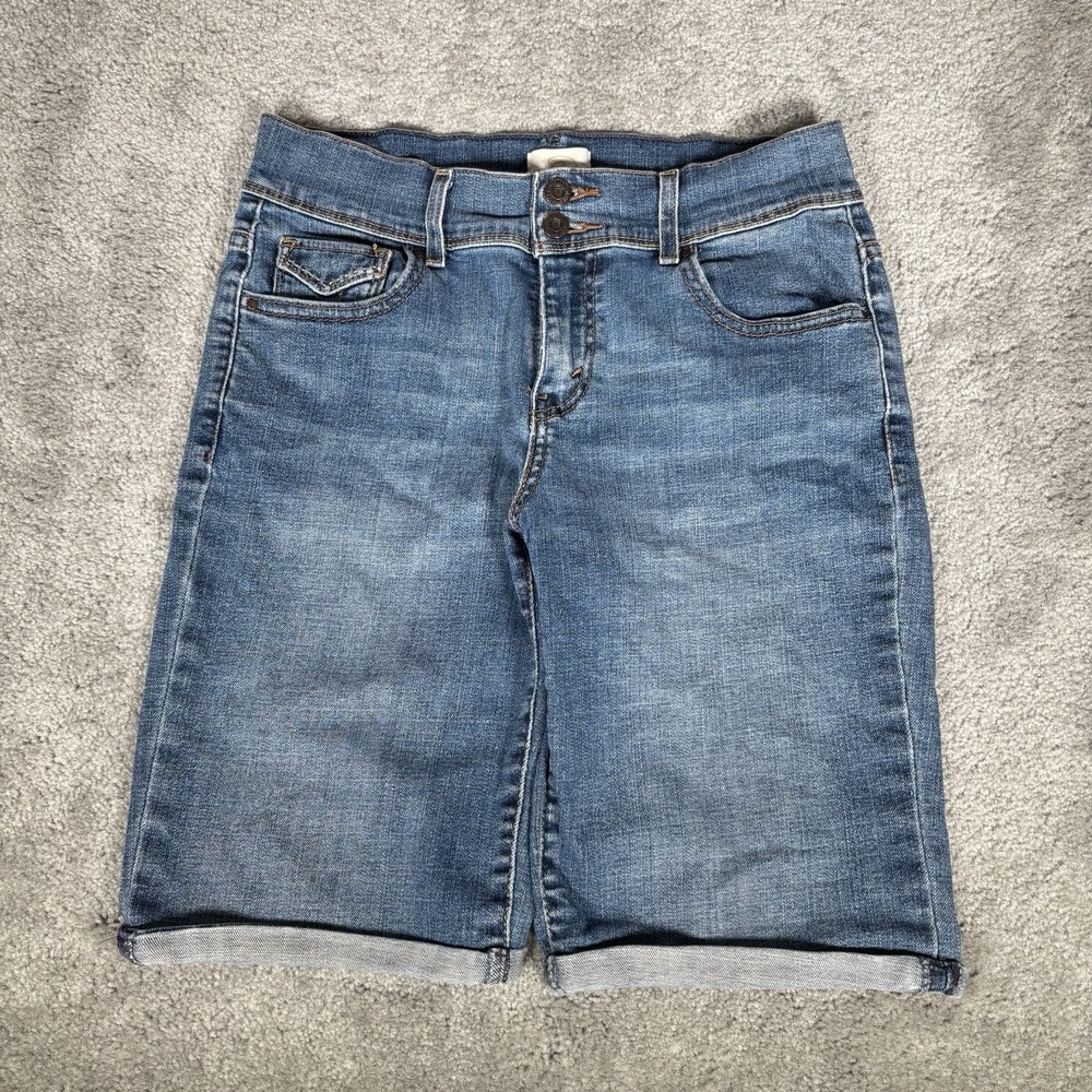 Levis 515 Bermuda Shorts Womens 6 Mid Rise Blue Denim Stretch Flap Pockets Y2K
